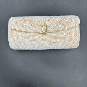 Elegant Cream & gold Beaded barrel-cylinder mother of pearl closure Clutch